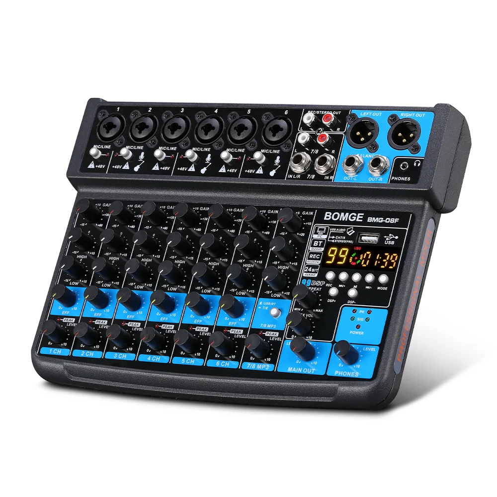 BOMGE 8 channel mini audio mixer  Line Mixer ，DC 5V，Bluetooth,48V ,24DSP  effects  for Small Clubs or Bars, Studio Recording