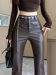 2024 Women Leather Pants Pencil Black Tight Faux Leather Flare Pants Solid Zipper Classic Leather Slim Trousers for Women Winter