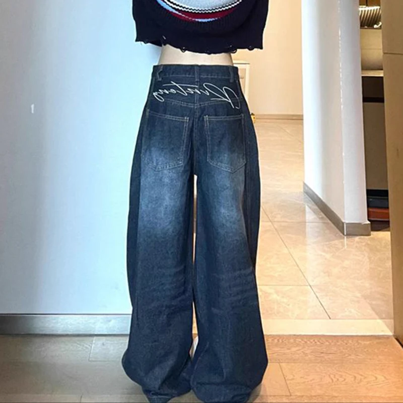 Amerikaanse Vintage Cargo Jeans Vrouwen Hoge Taille Straat Losse Wijde Pijpen Denim Broek Lui Casual Jazz Hiphop Y2K Donkerblauwe Broek