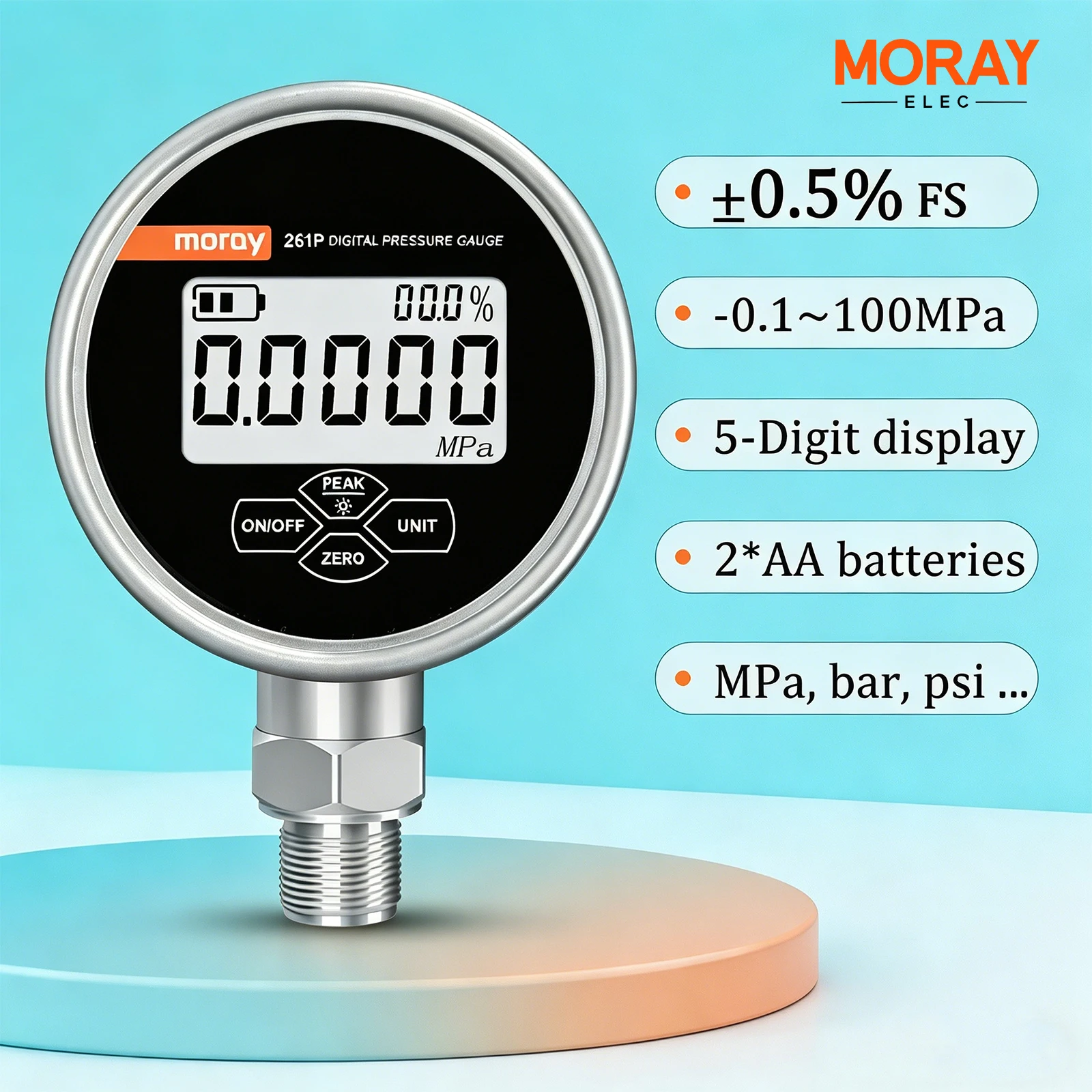Moray High-Precision Pressure Indicator 0.5% Full Scale LED Compatible with Liquid/Gas/Oil Vacuum Pressure Gauge 261P