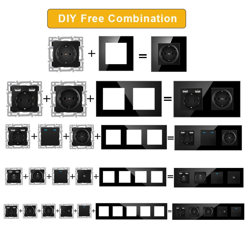 jhjch wall-mounted module diy European standard black glass panel socket switch button free combination function