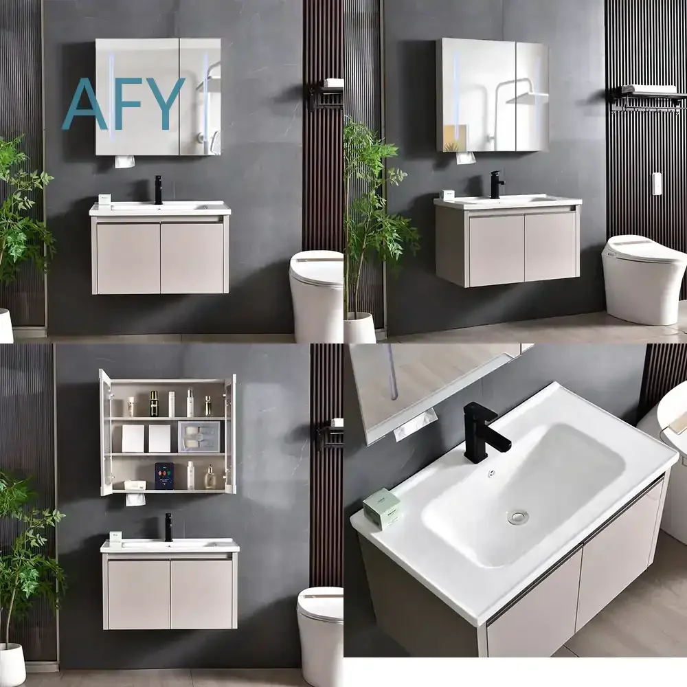 Cheap Wholesale Wall Mounted PVC Vanity Bathroom Cabinet with Sink and LED Light for Bathroom Renovation for Modern Home for