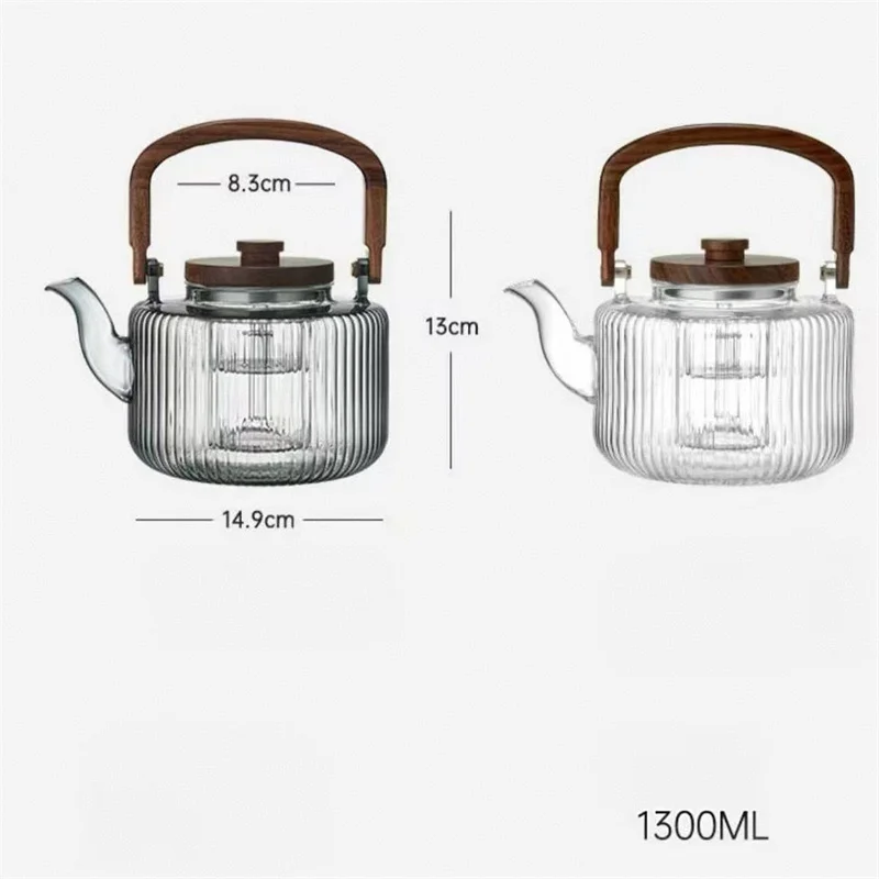 Large Capacity 1300ml Stripe Pattern Glass Teapot Wooden Beam Tea Kettle Brewing Puer Teapot Herbal Health Flower Tea Maker