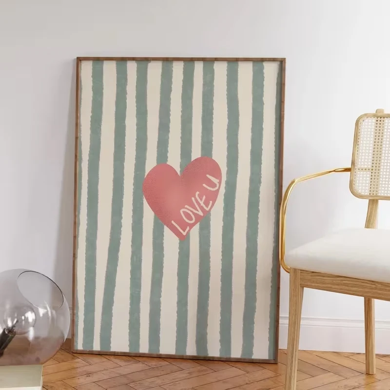 Moderner rosa Retro-Stil, gestreift, Liebesherzen, Wandkunstdruck, Leinwandgemälde, Poster, Bild für Wohnzimmer, Schlafzimmer, Heimdekoration