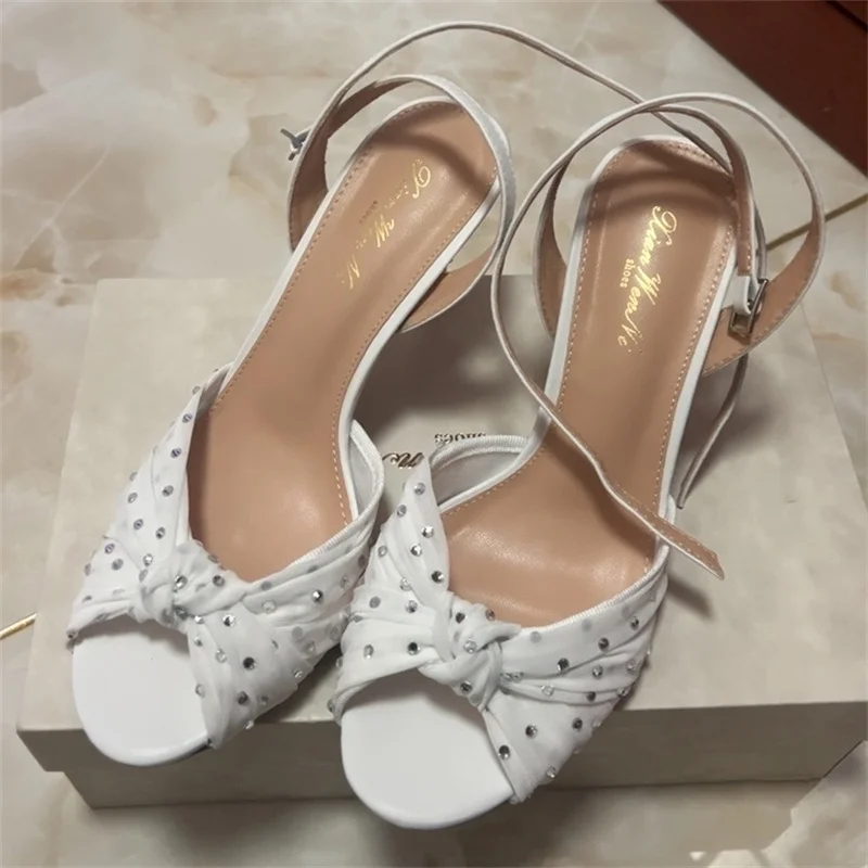 

Solid Crystal Open Toe Female Pumps Summer Slingback Fine Heels Women Sandals Outdooor Buckle Strap Zapatos Mujer