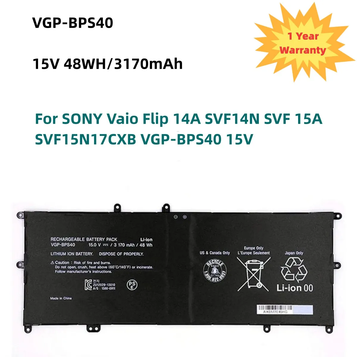 

VGP-BPS40 Laptop Battery For SONY Vaio Flip 14A SVF14N SVF 15A SVF15N17CXB VGP-BPS40 15V 3170mAh