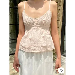 Sweet Pink Stripe Lace-up Tank Top Women Lace Trim Buttons V-neck Cotton Camis Summer Vintage Streetwear Sleeveless Crop Top Y2K