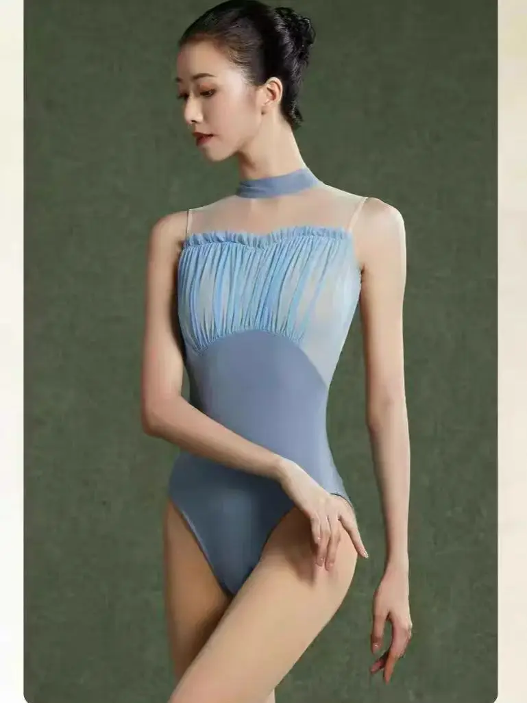 ผู้หญิงบัลเล่ต์ Leotards แขนกุด Stand-up COLLAR ตาข่าย Ruffles Hollow Leotard ผู้ใหญ่หญิงสเก็ต POLE เต้นรําชุดว่ายน้ํา