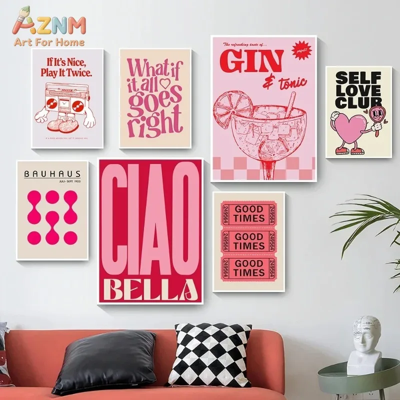 AZNM Ciao Bella Self Love Club, tipografía inspiradora, cita estética retro Bauhaus, arte de pared en lienzo con diseño de Gin Tonic, sin marco, para habitación