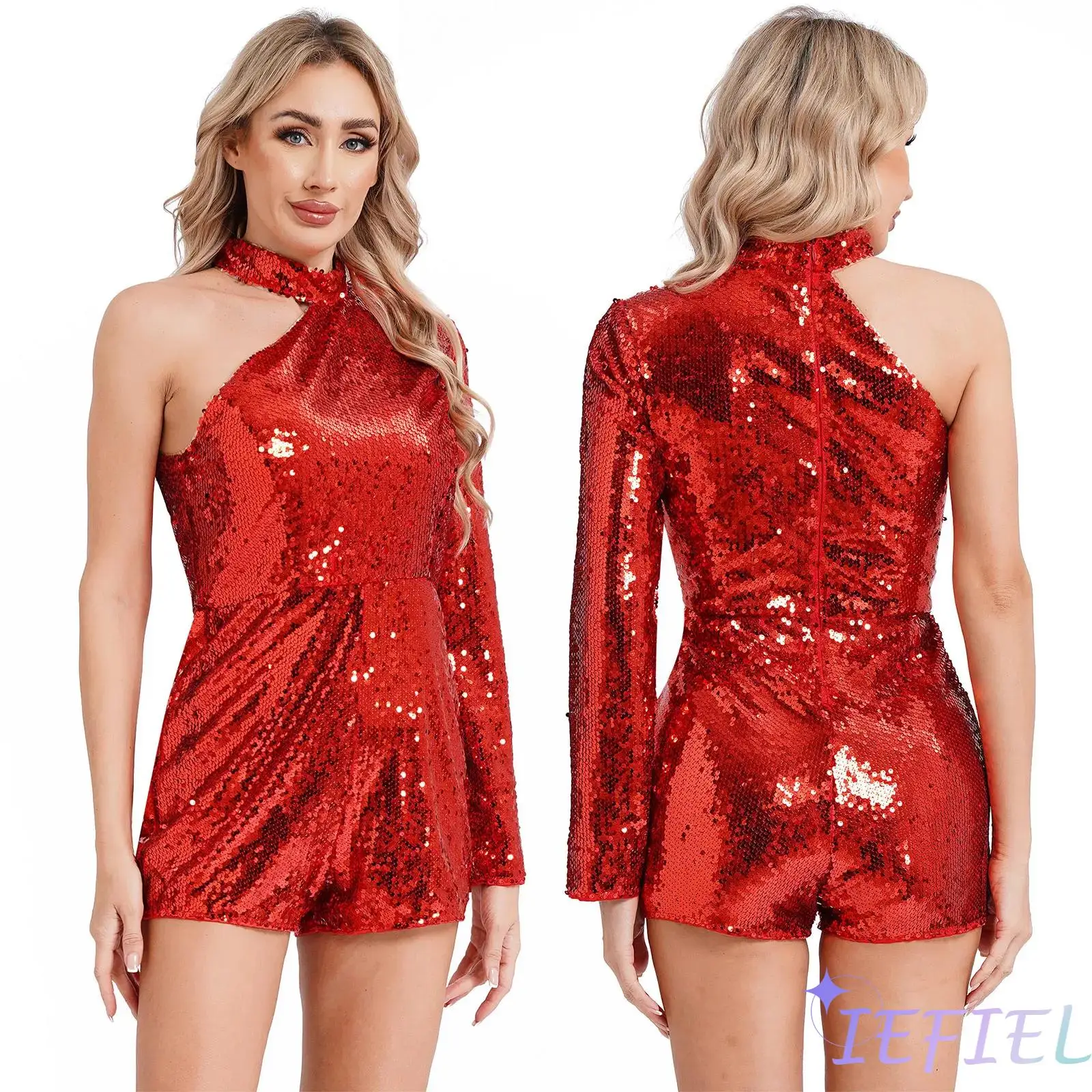 

Women Sparkly Sequin Dancewear Latin Jazz Dance Cheerleading Stage Performance Costume Disco Music Rave Party Dressy Jumpsuit