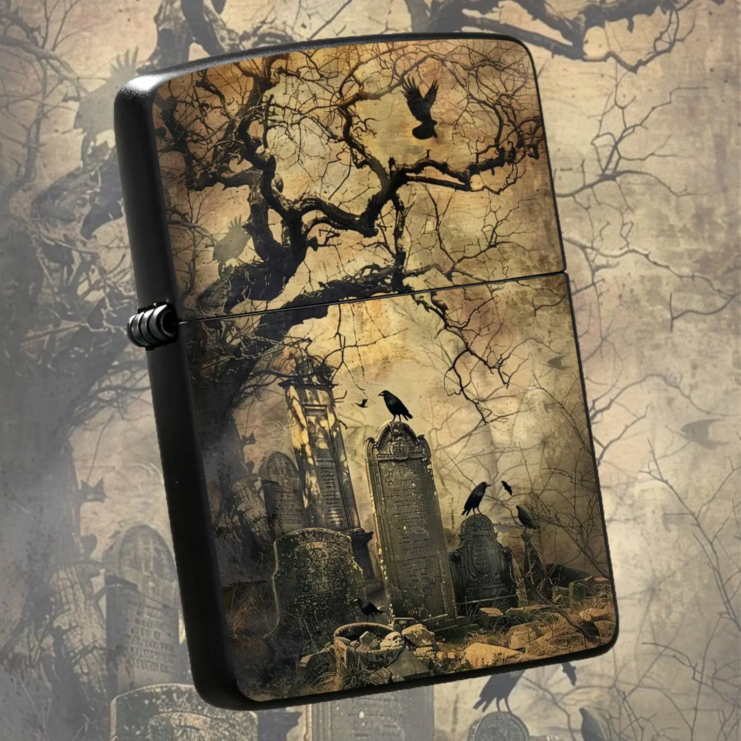Vintage Graveyard Crows Bare Tree Art Printed Lighter, Retro Aesthetic Portable Daily Use Item, Ideal For Outdoor Trips, Vintage Style Matching, Unique Creative Decorative Accessory, Perfect For Personal Gifting To Like Minded Pals A Humoro