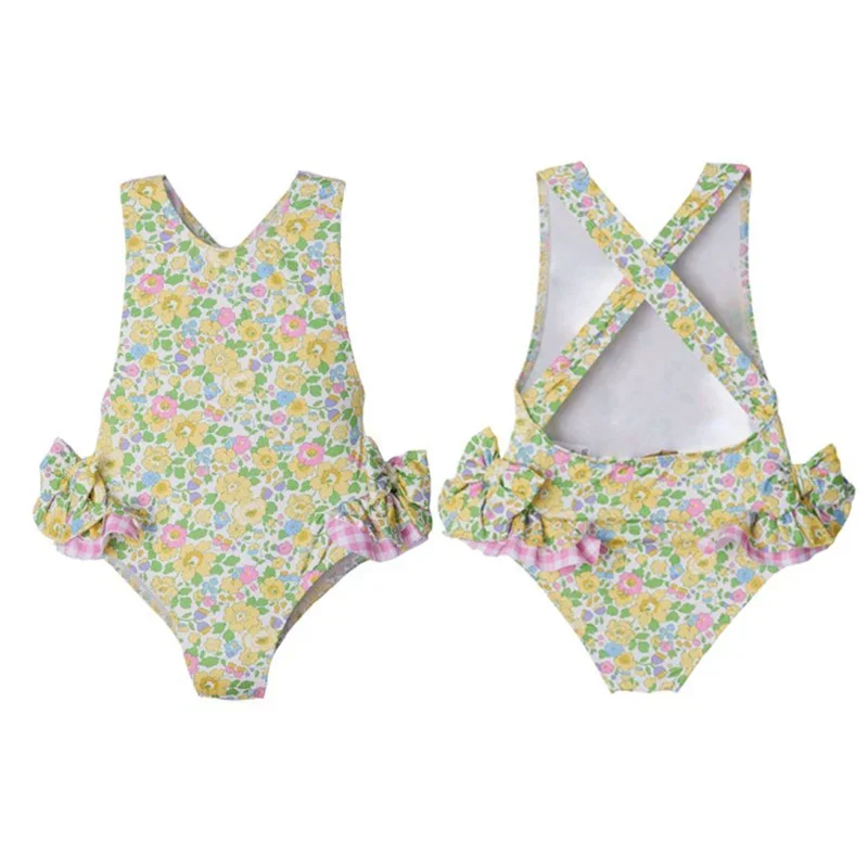 Baby Girls Swimwear Kids Color Love Heart Flower Print Bow Sleeveless Open Back Swimsuit Children Sunscreen Beach Clothes E23267