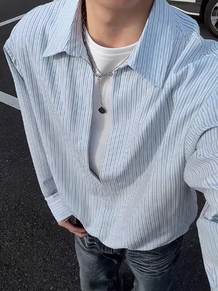 

Men's V-ne Striped irt Long Sve Oversized Design Spring Faion Casual Loose Fit Zipper Closure Polyester Fiber