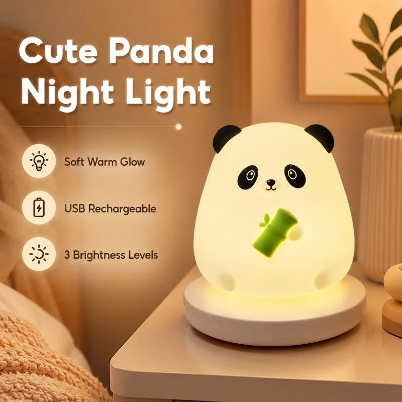 Cute Panda Night Light Silicone USB Rechargeable 3 Brightness Touch Lamp Kids Bedroom Nursery Bedside Sleep Gift Decor Light