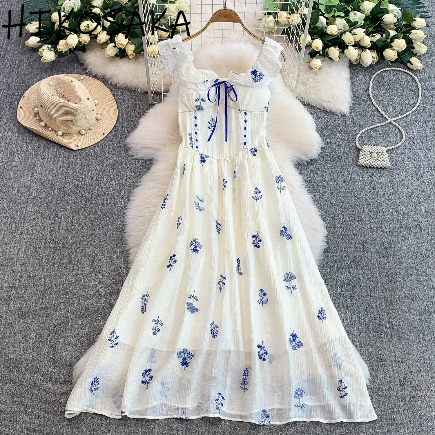

Sweet Bandage Lace Embroiidery Dress Square Collar Flying Sleeve Robe With Chest Pad Summer Fresh Chic Aesthetic A-line Vestidos