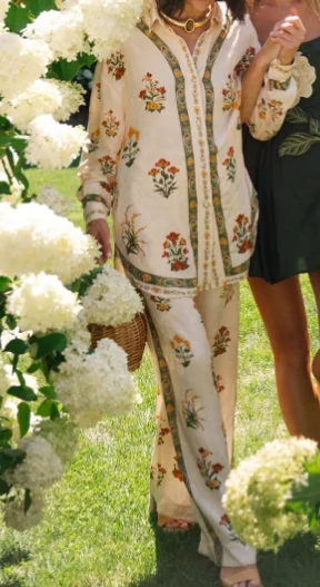 

Women's Beige Long Sleeve Lantern Sleeve Floral Print Blouse Tops and Pants Set 2026 New Attractive