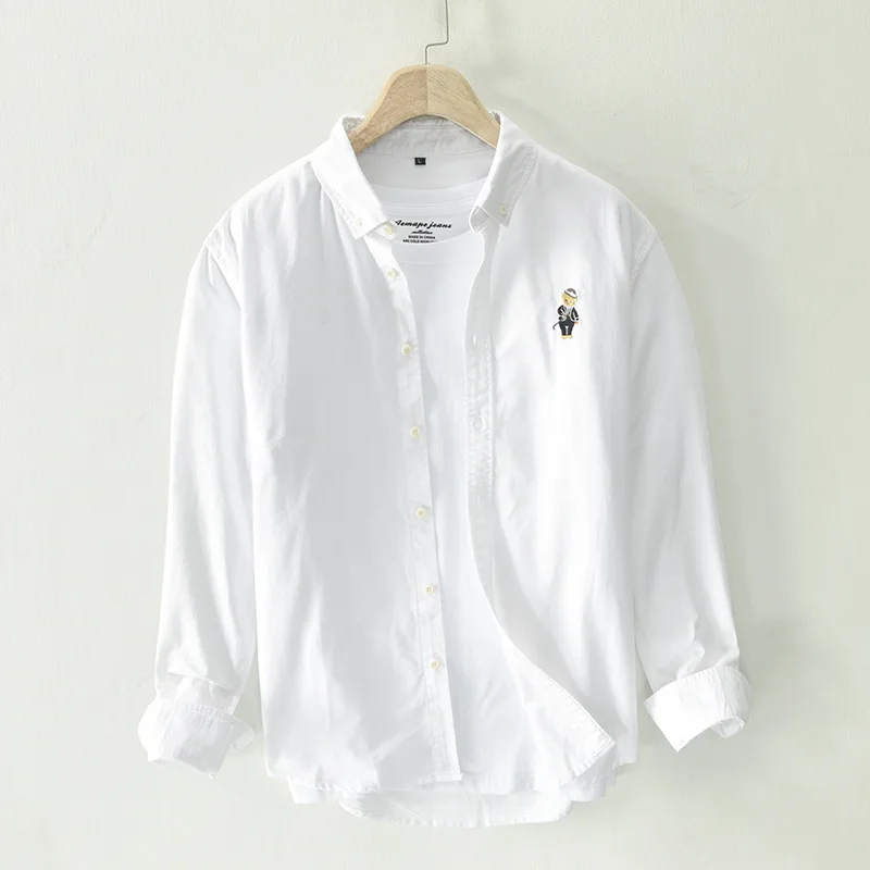 

100% Cotton Shirt Spring Summer New Men Cartoon Bear Embroidery Korean Fashion Casual Long Sleeve Shirt Thin White Tops