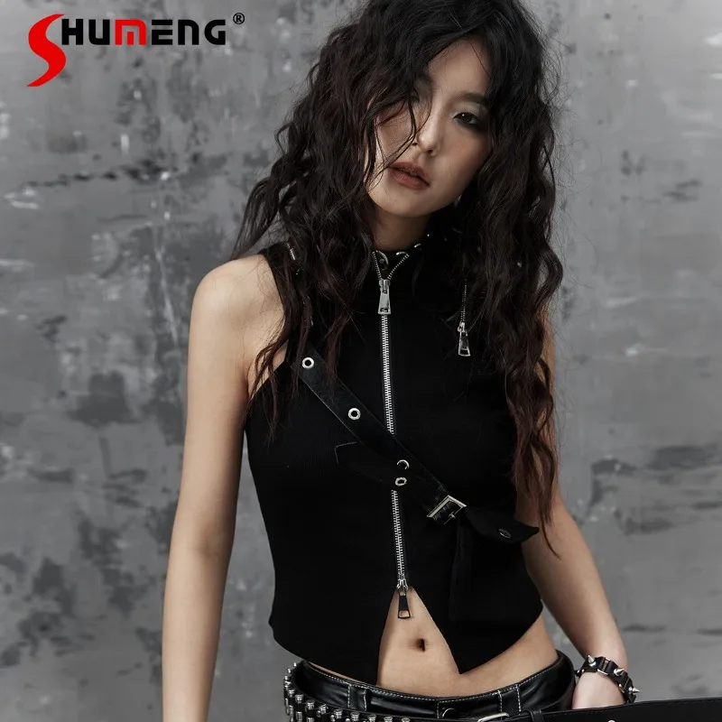 

Original Dark Punk Soft Girls Vest Versatile Zipper Decoration Slim Fit Sleeveless Short T-shirt Women's Cool Y2k Top Camisoles