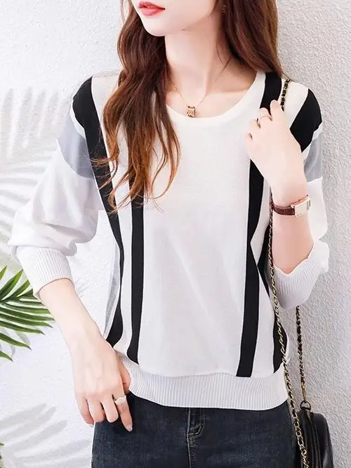 2024 Autumn/Winter Fashion Knitted Shirt Women's Striped Color Blocked Top Long Sleeve Inner Loose Sweater Bottom Shirt Trendy