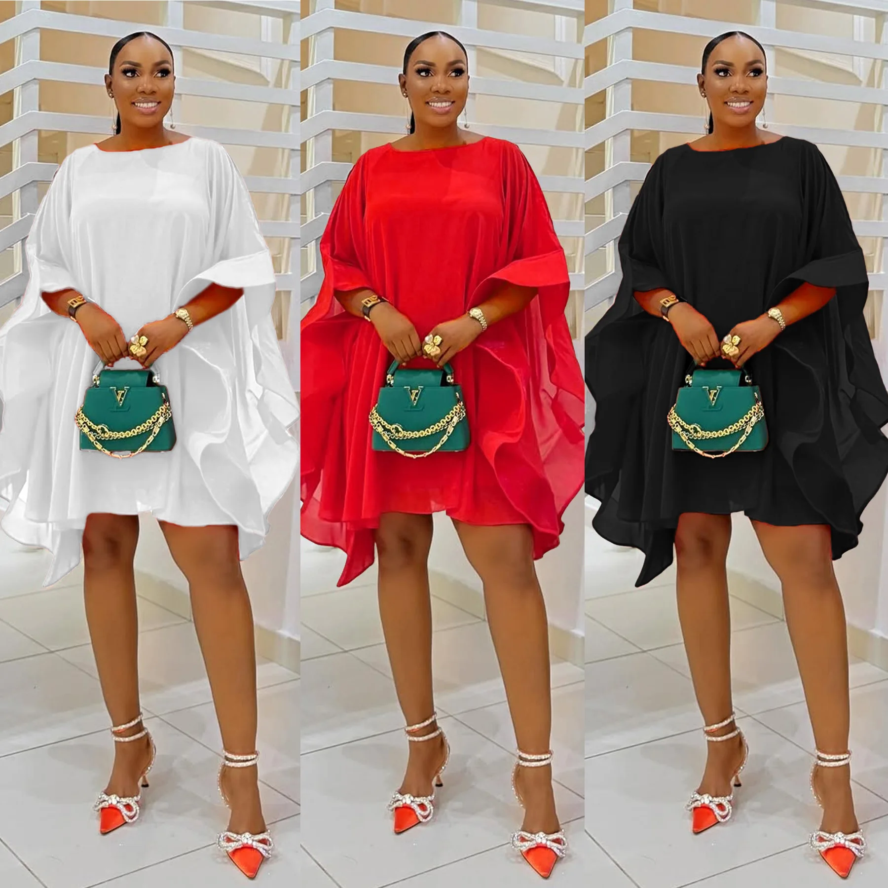 

BKLD Elegant Chiffon Loose Cape Dress 2025 Spring New Women Clothing Solid Color Round Neck Half Sleeve Short Dresses Party