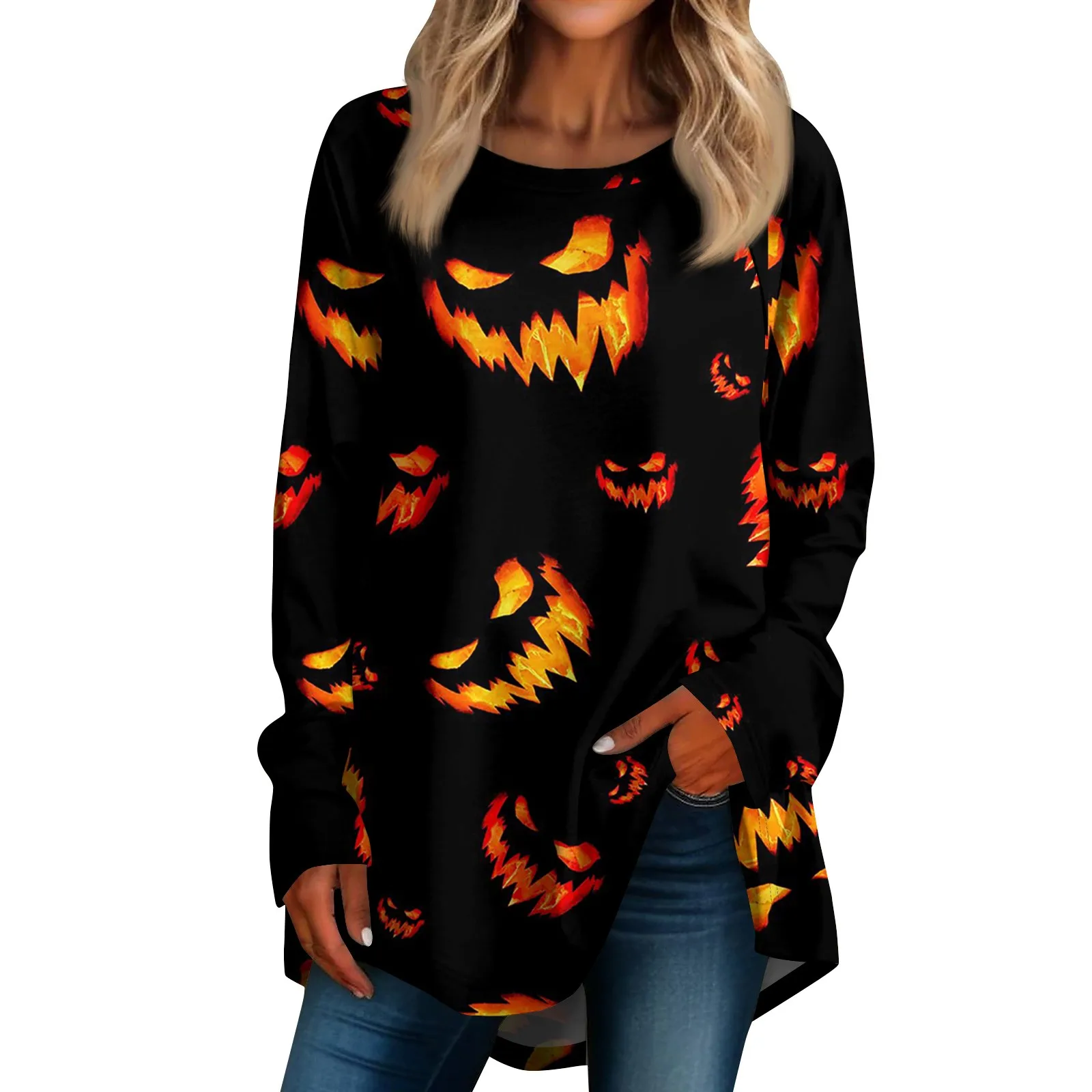 Halloween Women\'s Casual Plus Size Long Sleeved Round Neck Retro Printed T-shirt Top Top female футболка женский Roupas Feminina