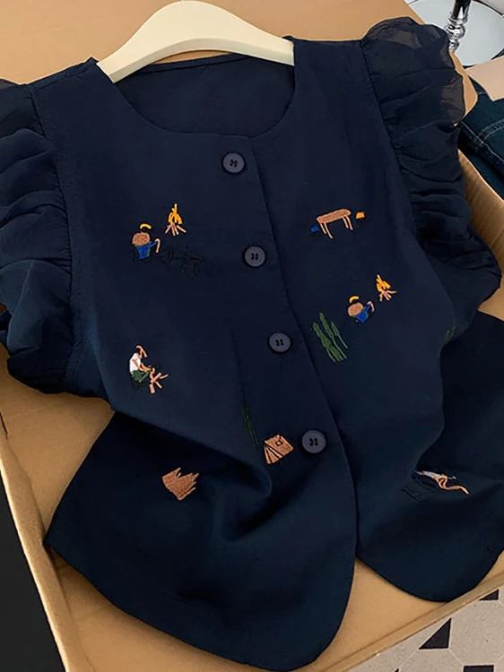 

Loose Women's irt Faionable Design Cartoon Embroidery ort Sve Button up Casual Korean Sle plus Size Flng Sve