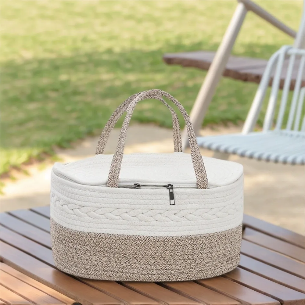 Cotton Thread Rope Mummy Handbag Divided Into Compartments Large Capacity Diaper Storage Basket Tote Bag for Diaper/Toy Storage