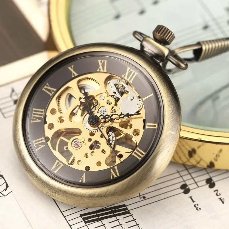 Semi-automatic mechanical pocket watch with bronzed transparent base for men and women gift mechanical watch