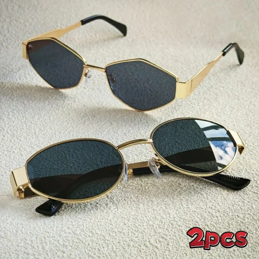 2pcs Summer Trendy Glasses Set Rhombus Metal Frame Sunglasses Suitable for Daily Commute and Street Photography Eyewear