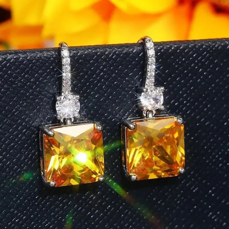 Luxury ice flower yellow earrings, fashionable temperament, versatile micro-inlaid zircon ear hooks