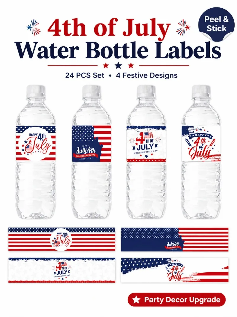 24PCS 4th of July Water Bottle Labels Self Adhesive Patriotic Bottle Stickers Independence Day Party Decor