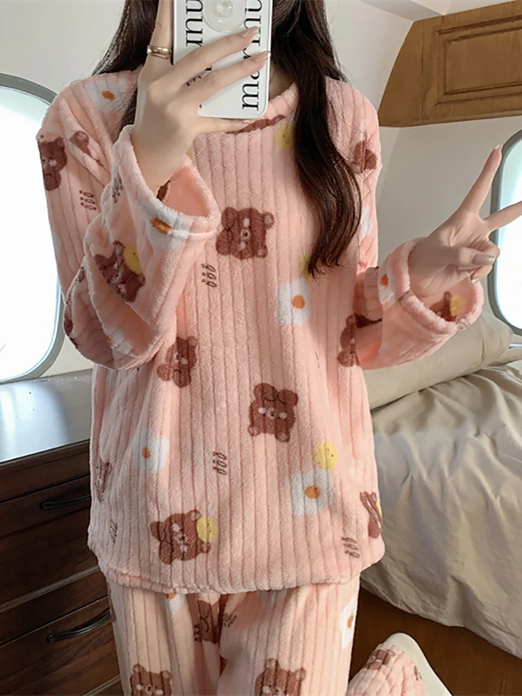 ITOOLIN Autumn Winter Women O-Neck Long Sleeve Pajama Suit 2 Piece Suit Knit Cartoon Warm Coral Fleece Pajamas Set