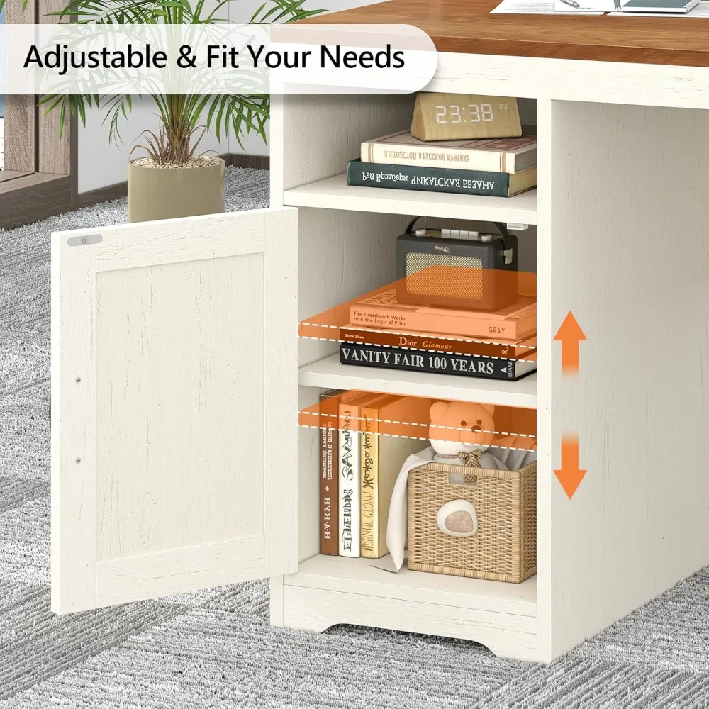 Farmhouse Computer Desk with Drawers, 65'' Home Office Desk with Power Outlets, Storage Cabinet and Printer Stand, Study Writing