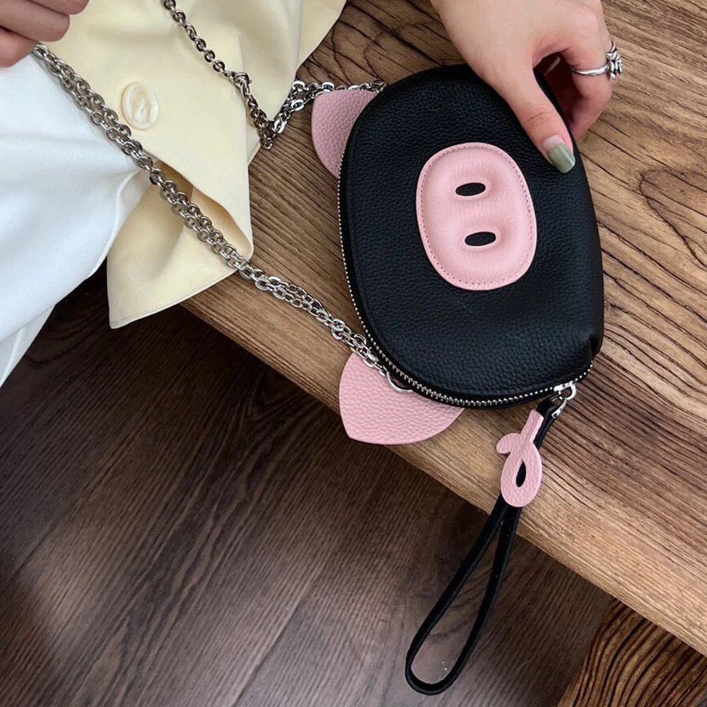 New Genuine Cow Leather Cute Animal Piggy Shell Clutch Shoulder Bag Real Leather Adorable Piglet Crossbody Bag Fashion Wristlet