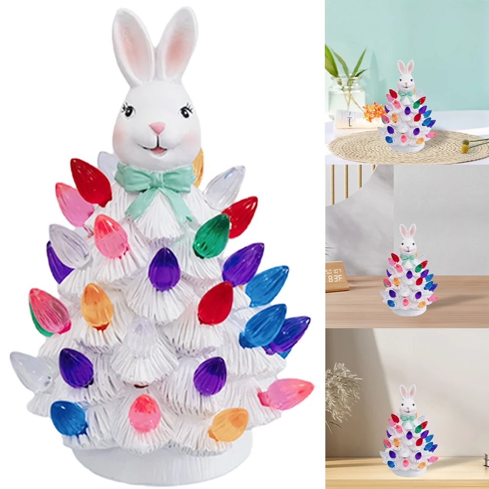 Easter Bunny Tree Decor Tabletop Rabbit Tree with LED Light Resin Desktop Tree Ornament Bunny Tree Decorations for Spring Easter