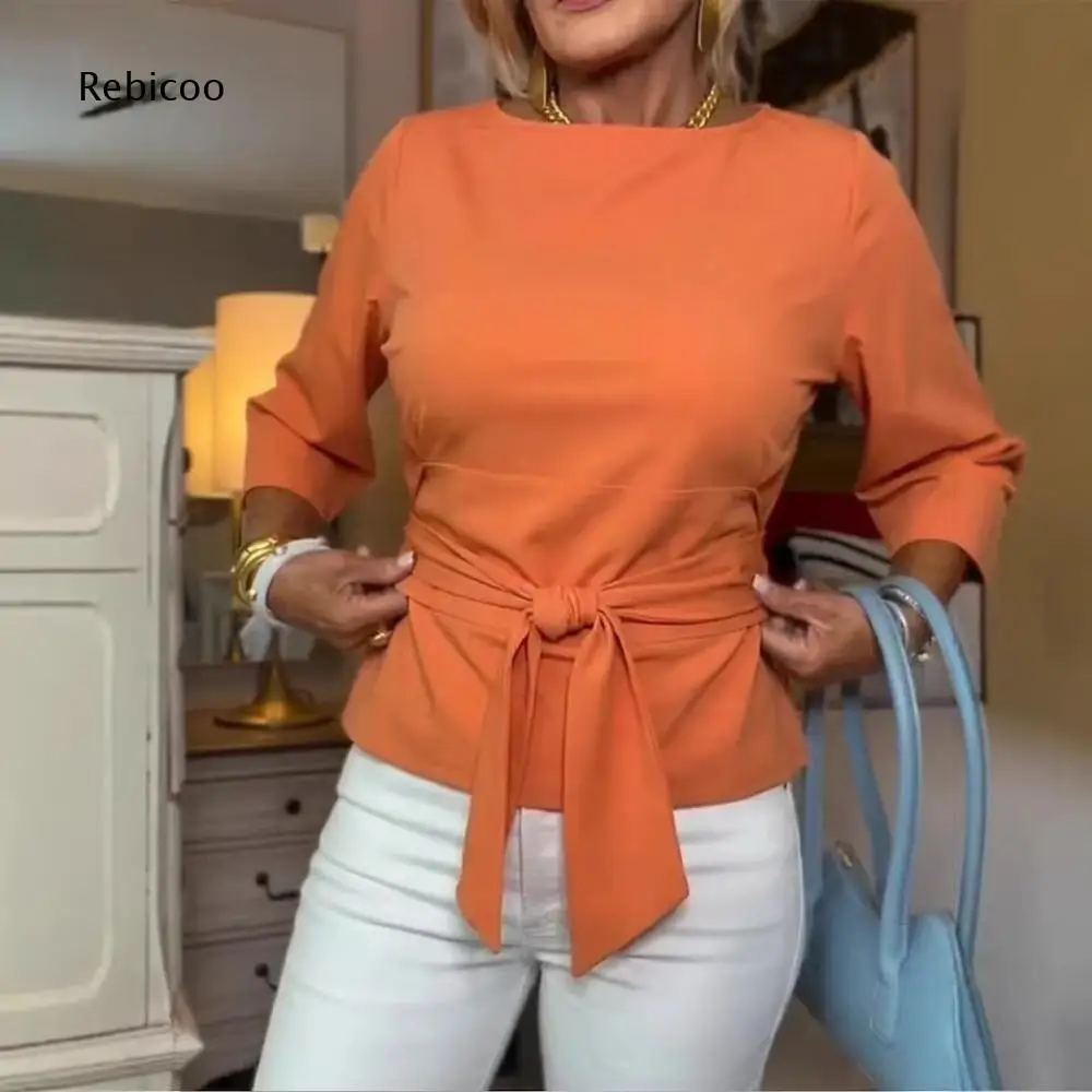 Office Casual Blouse For Women Boat Neck Three Quarter Sleeve Self Tie Waist Knot Solid Tone Fitted Cut Top For Outdoor Leisure