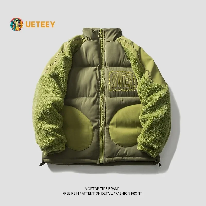 

Winter Men's Jackets Sherpa Spliced Thickened Warm Coats Man Trendy Stand Collar High Street Casual Loose Jacket Male Streetwear