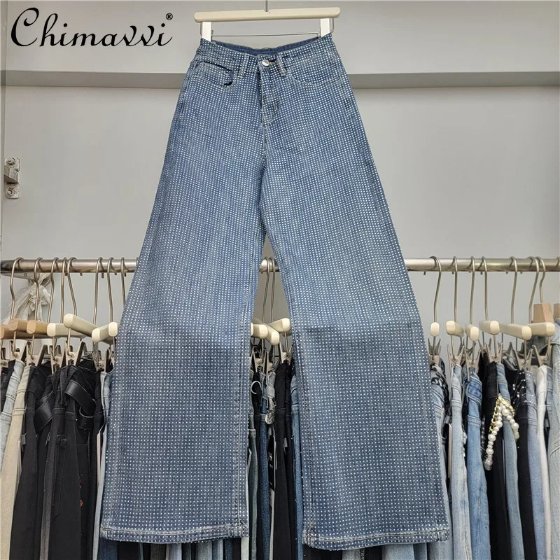

Heavy Starry Sky Rhinestone Jeans for Women 2025 Autumn New Fashion Elastic Design High Waist Loose Straight Denim Pants