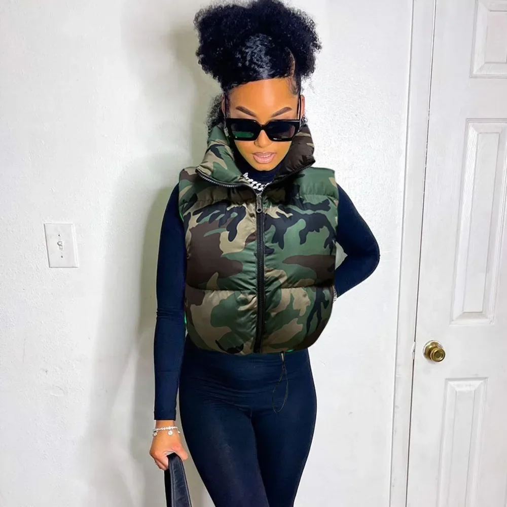 XXL Camouflage Puffer Jackets Vest Women Sleeveless Camo Bubble Coats Parkas Down Drawstring High Waist Vests Cotton Crop Parkas