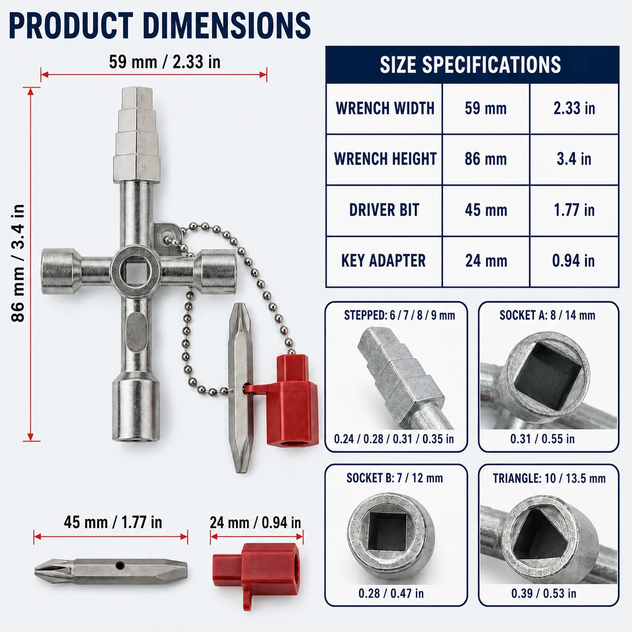 3‑Pcs Multifunction Cross Utility Key Set, 4‑Way Service Wrench with Double‑End Bit & Adapter for Meter Box Cabinet Locks