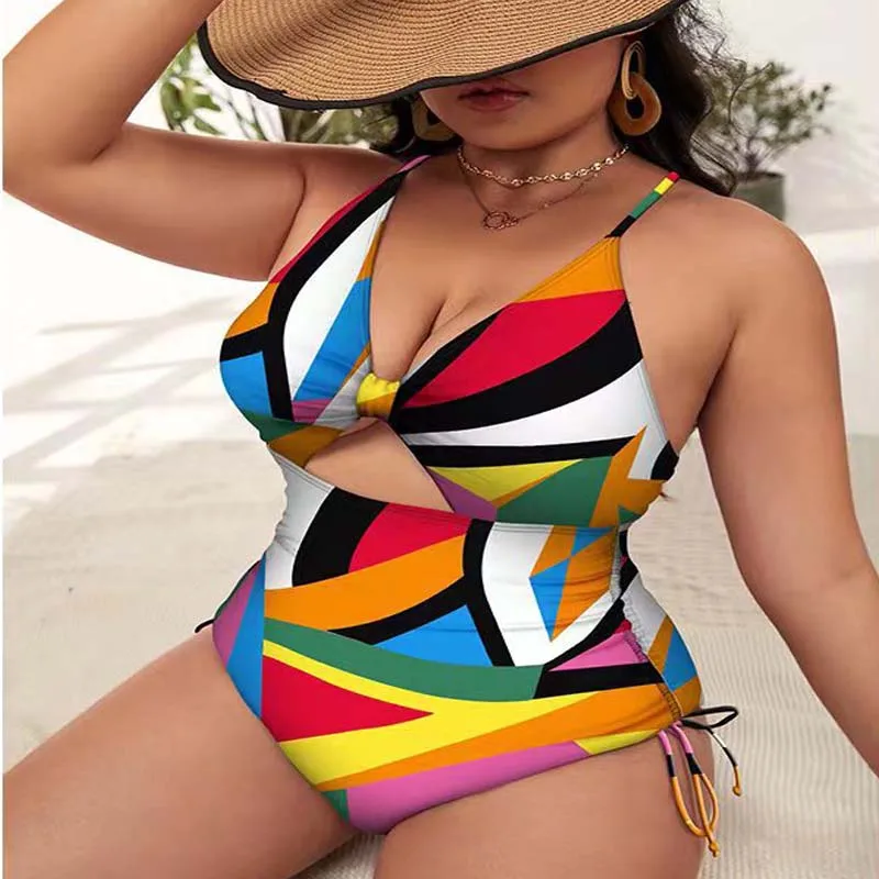 2023 New Sexy One Piece Swimsuit Big Size Fat Woman One-piece Bikini Vintage Print Drawstring Tie Up Hanging Swimwear Plus Size