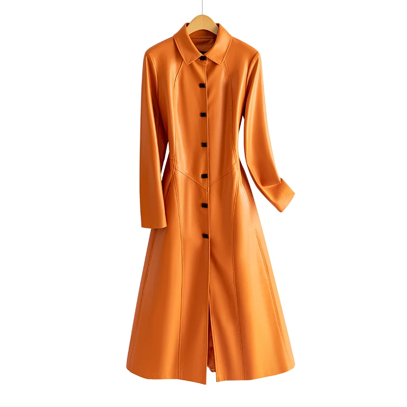   معطف نينج من الجلد الطبيعي للنساء متوسط الطول، موديل ربيع 2025 الجديد من جلد الحملان، معطف أنيق نحيف الخصر