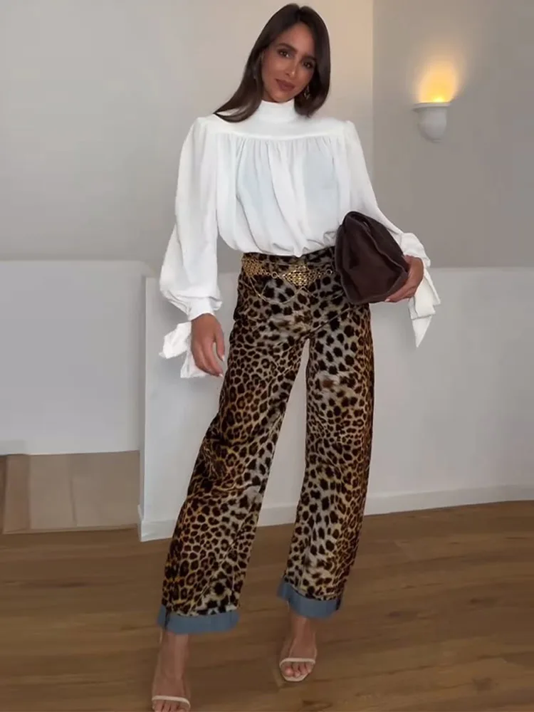 Vintage Leopard Pants Women High Waist Animal Print Baggy Pants Woman Streetwear Autumn Wide Pants Retro Women's Trousers