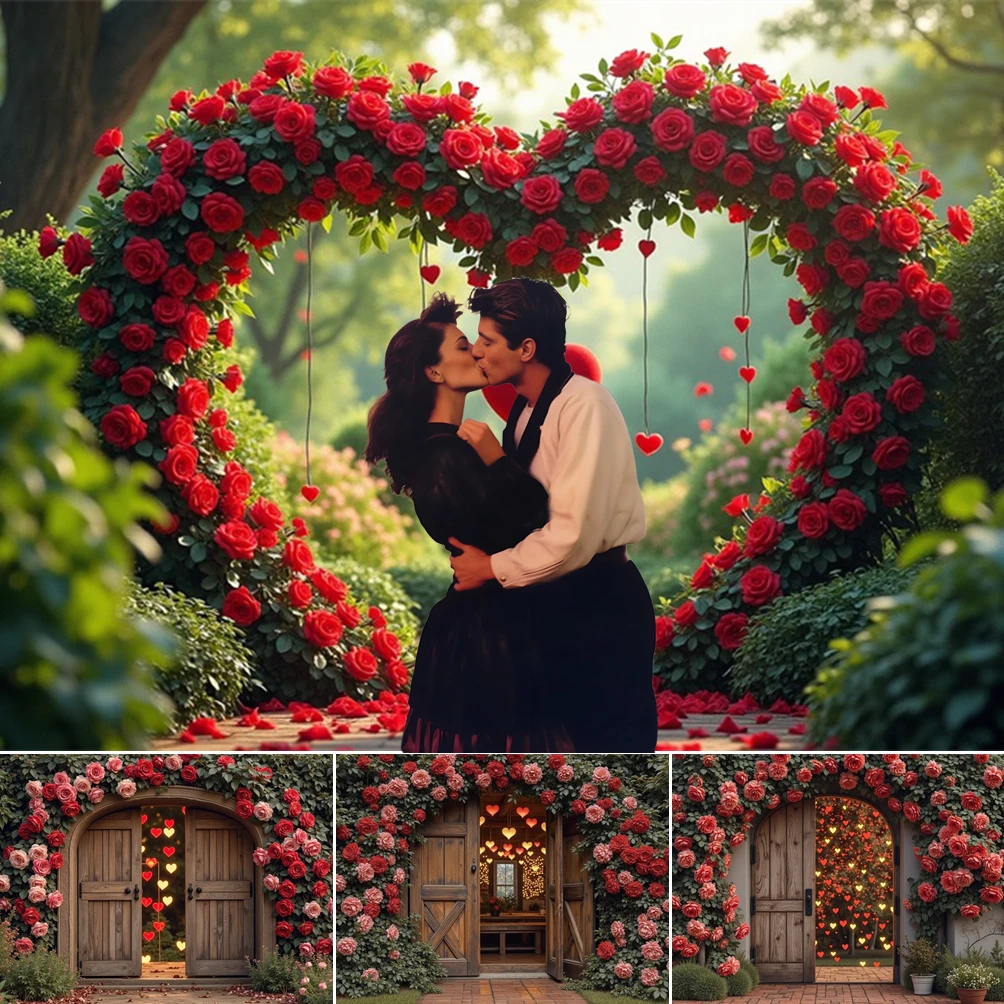 

MOON.QG Photography Background Garden Door Greenery Enchanting Valentine's Day Arch Rose Backdrop Shooting Lover Accessories