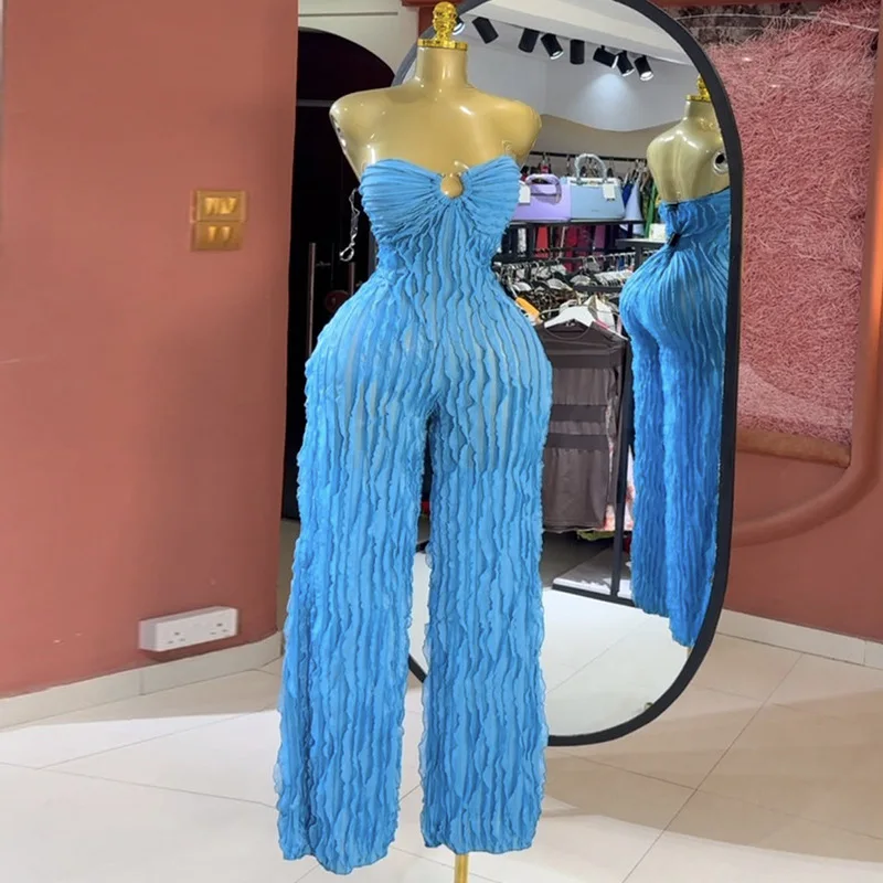 

2025 Summer New Fashionable Women's Jumpsuit Solid Color Sexy Strapless Lace High Waist Slim Fit Wide Leg Jumpsuit