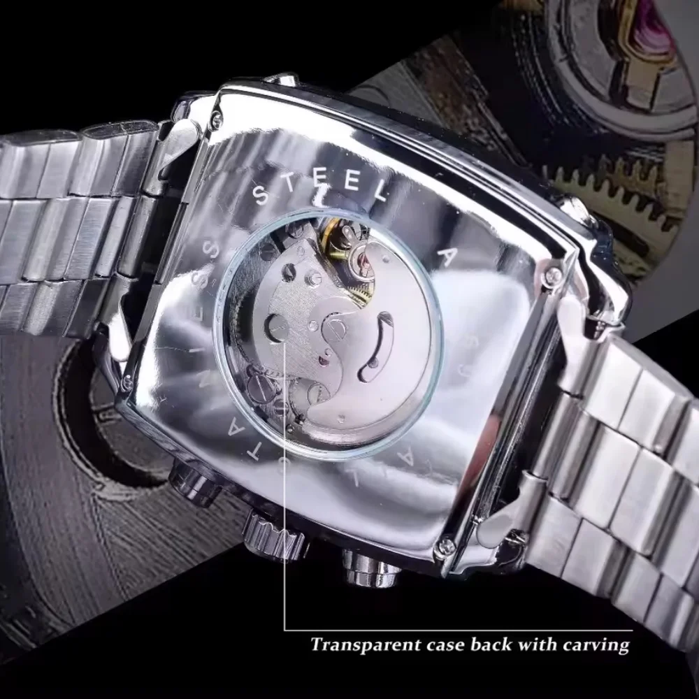 Vintage Square Dial Unique Men's Automatic Mechanical Watch with Calendar, Steel Strap, Casual Men's Clock, Top Choice for Gift-Giving, Branded Wristwatch