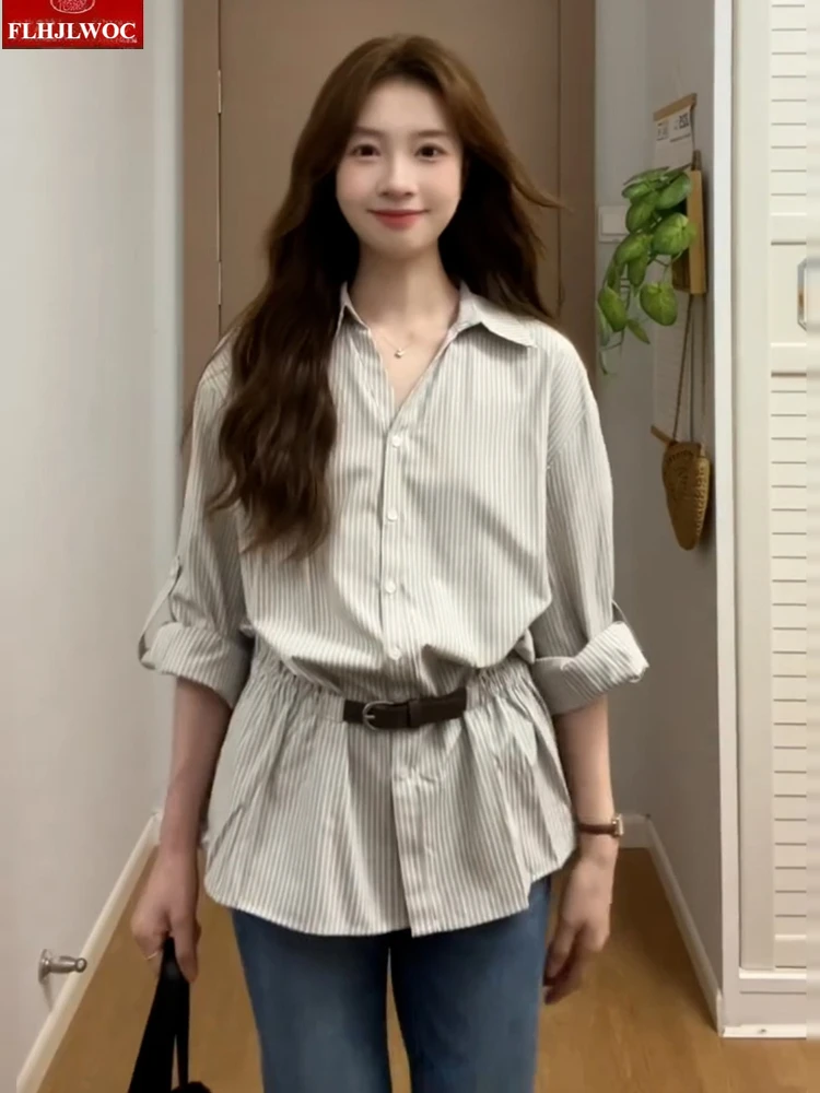 Shirring Waist Belt Shirts New Fashion Chic Korea Women 2025 Autumn Long Sleeve V Neck Striped Retro Vintage Peplum Tops Blouses