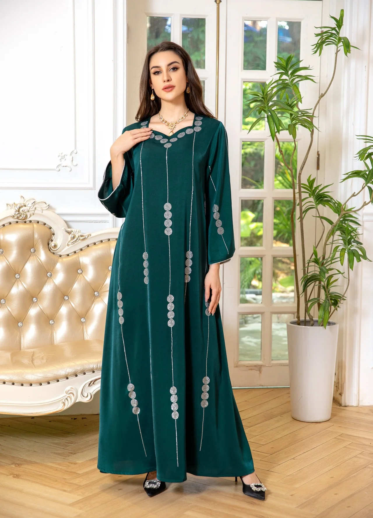 Imagem -04 - Vestido Maxi Longo Muçulmano Abaya para Mulheres Diamante Cetim Turquia Dubai Kaftan Partido Eid Vestido Árabe Caftan Feminino Islâmico Jalabiya