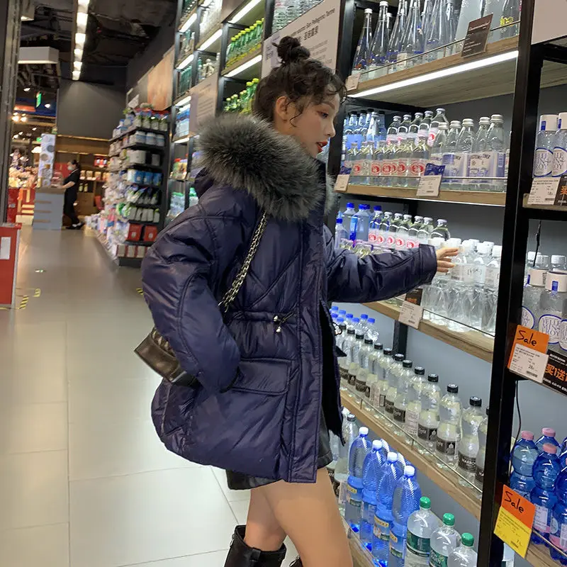 Female Winter Autumn Tops Coat Cotton-padded Clothes Fur Collar Glossy Hooded Thicken Warm Retro Simple Minority Versatile Thin