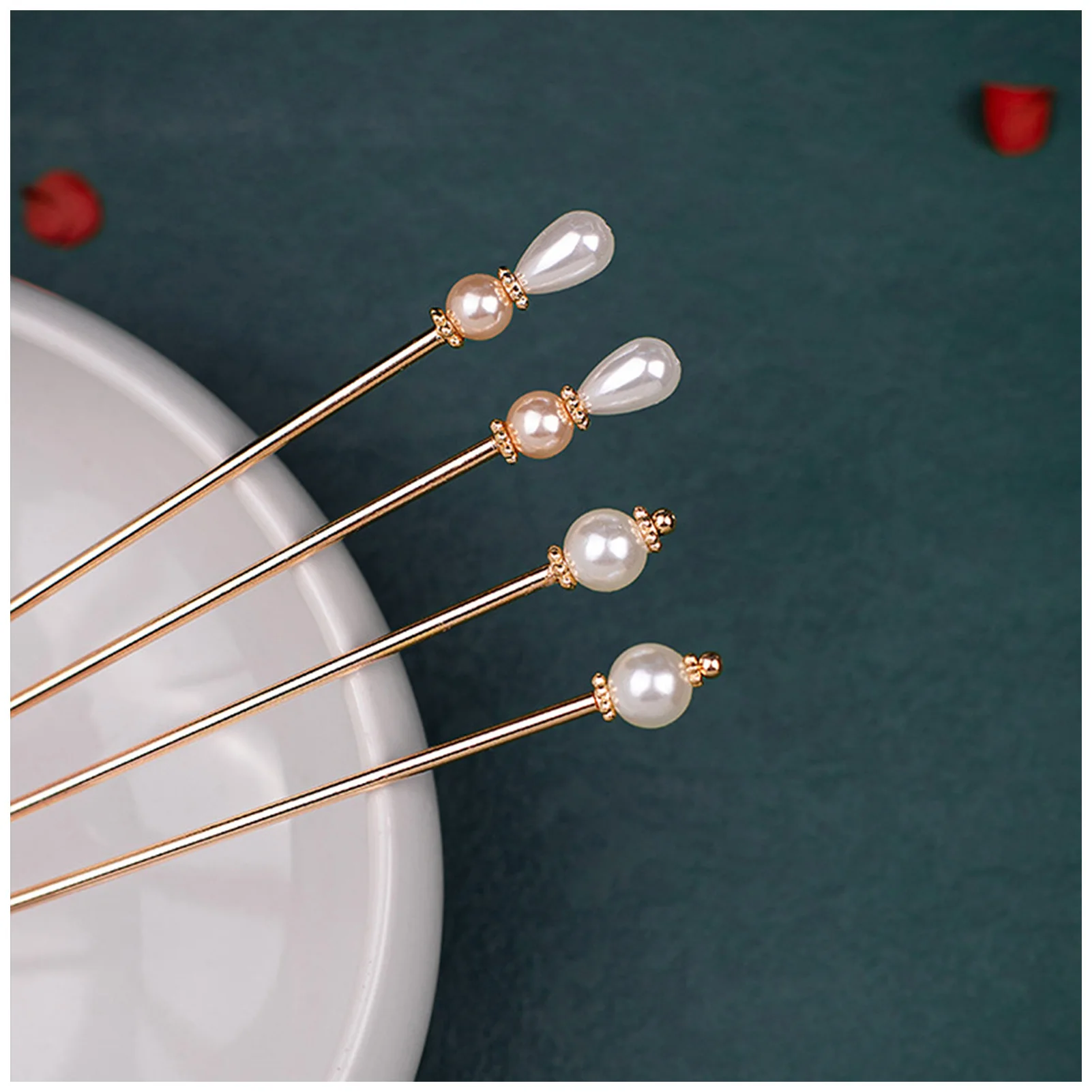 Women Retro Hair Chopsticks Pin Courtly Style Gold Plated Bun Holder with Pearls for Women Girls and Hairdressing Salon FS99